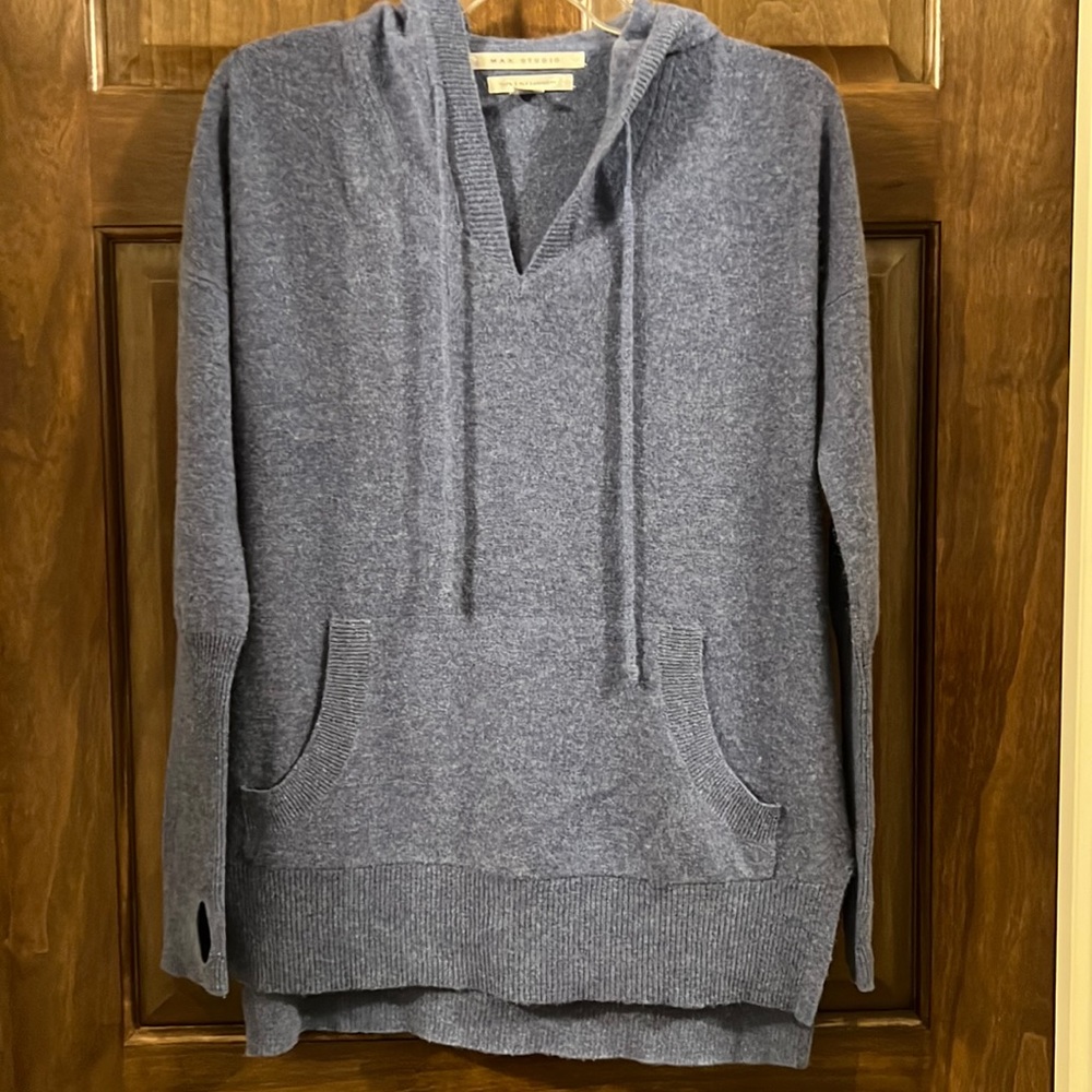 Max Studio Heather Blue 2-ply Cashmere hooded sweater